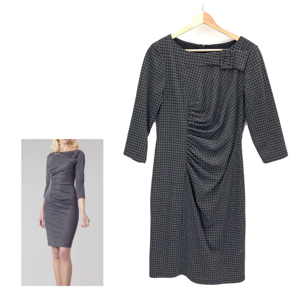 David Meister Black and Gray Houndstooth 3/4 Sleeve Ruched Dress Size 8